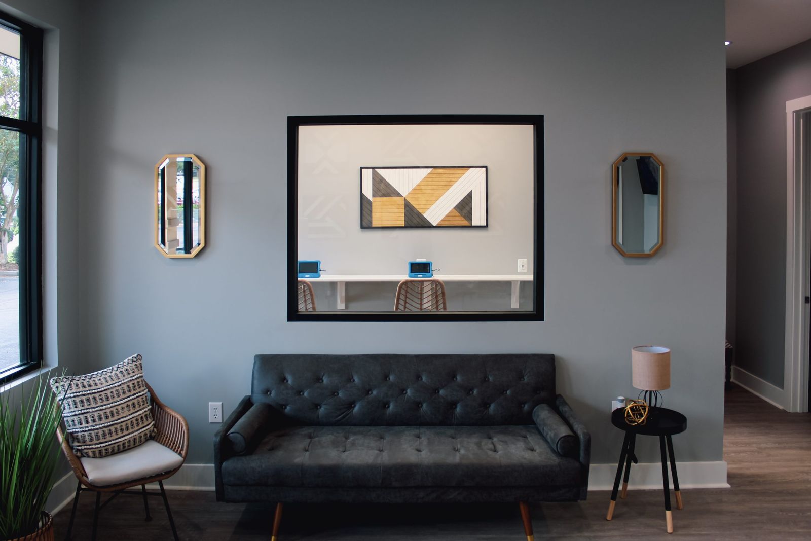 Leather sofa and framed art in the lounge